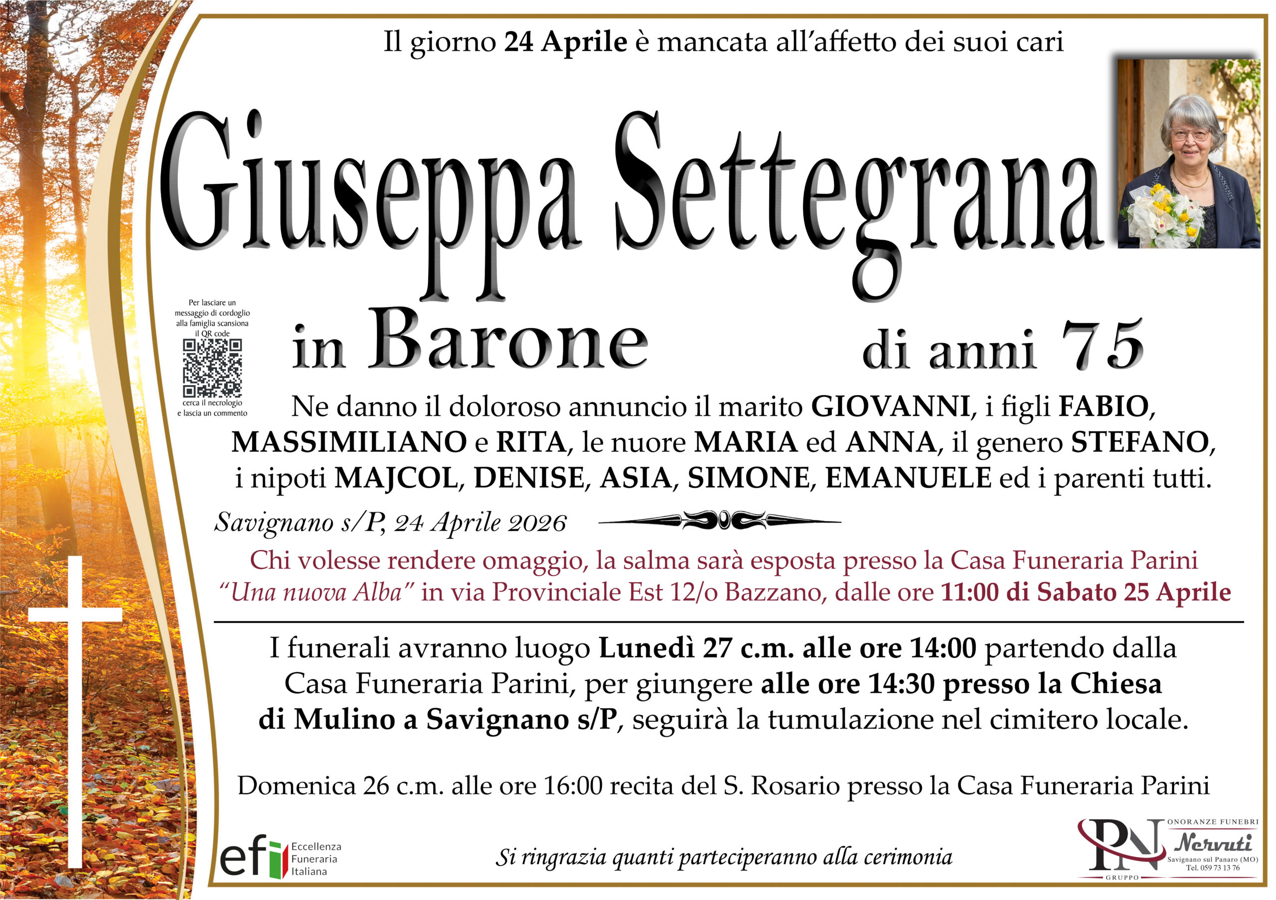 Giuseppa Settegrana – necrologio