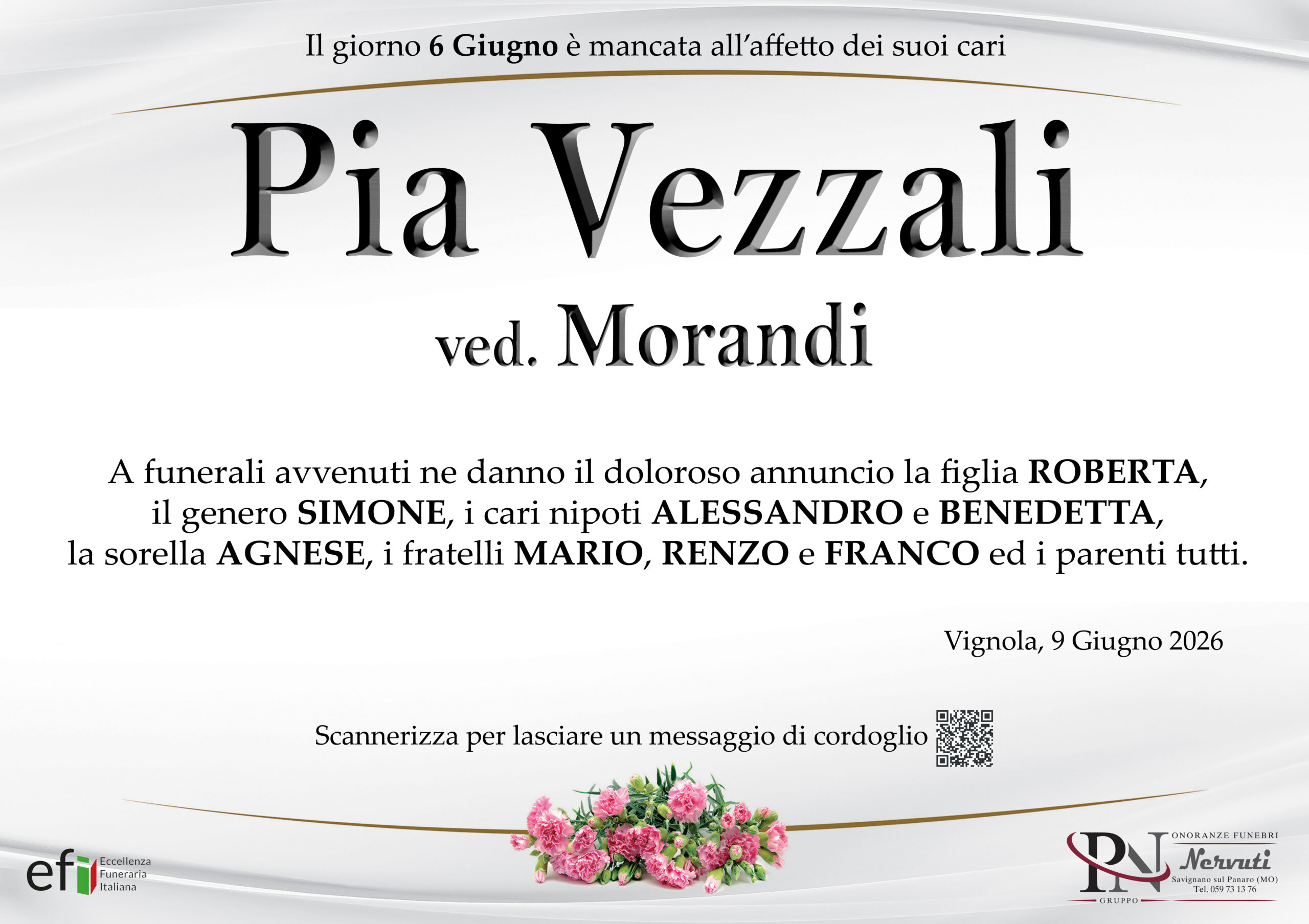 Pia Vezzali – necrologio