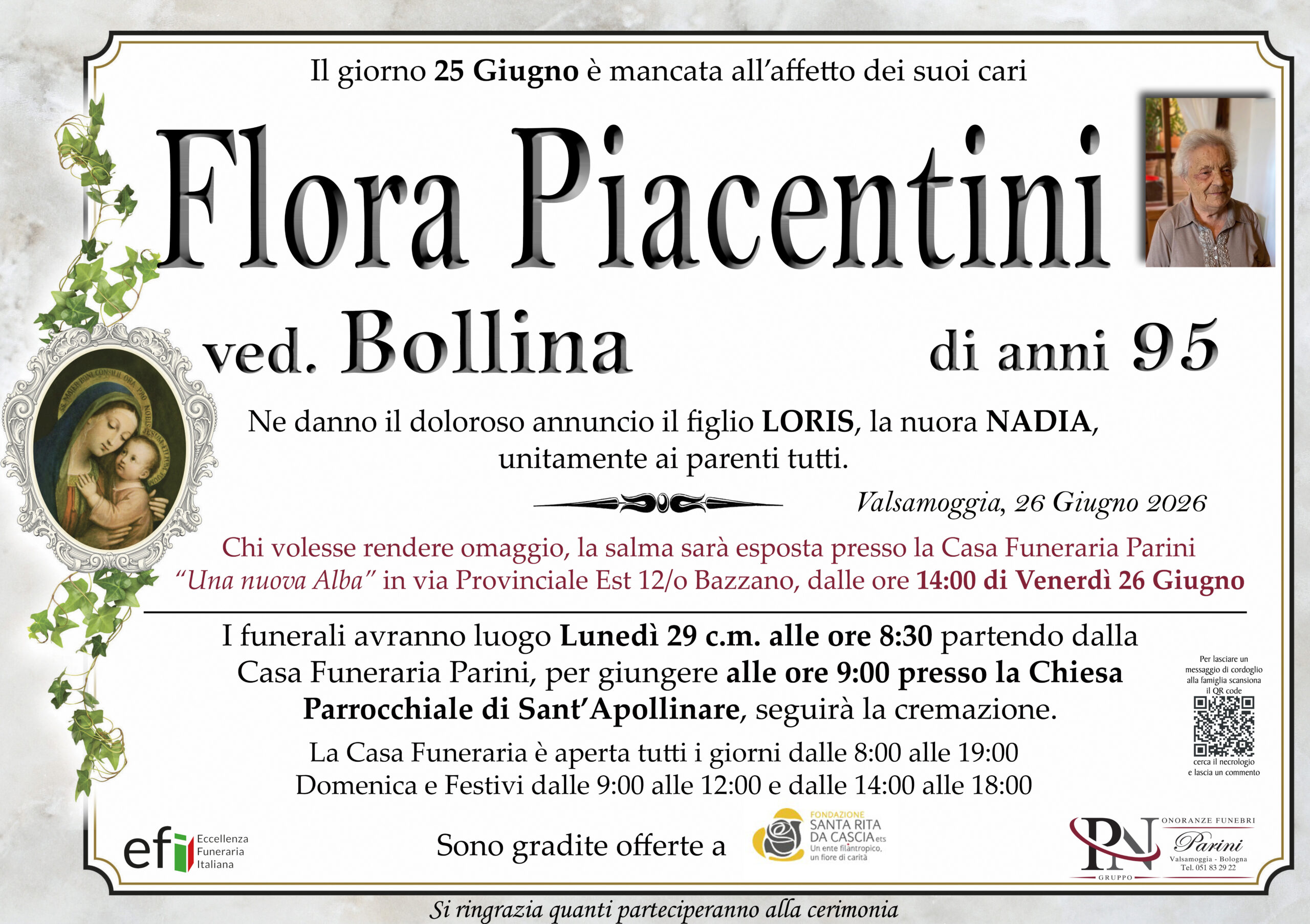 Piacentini Flora – necrologio