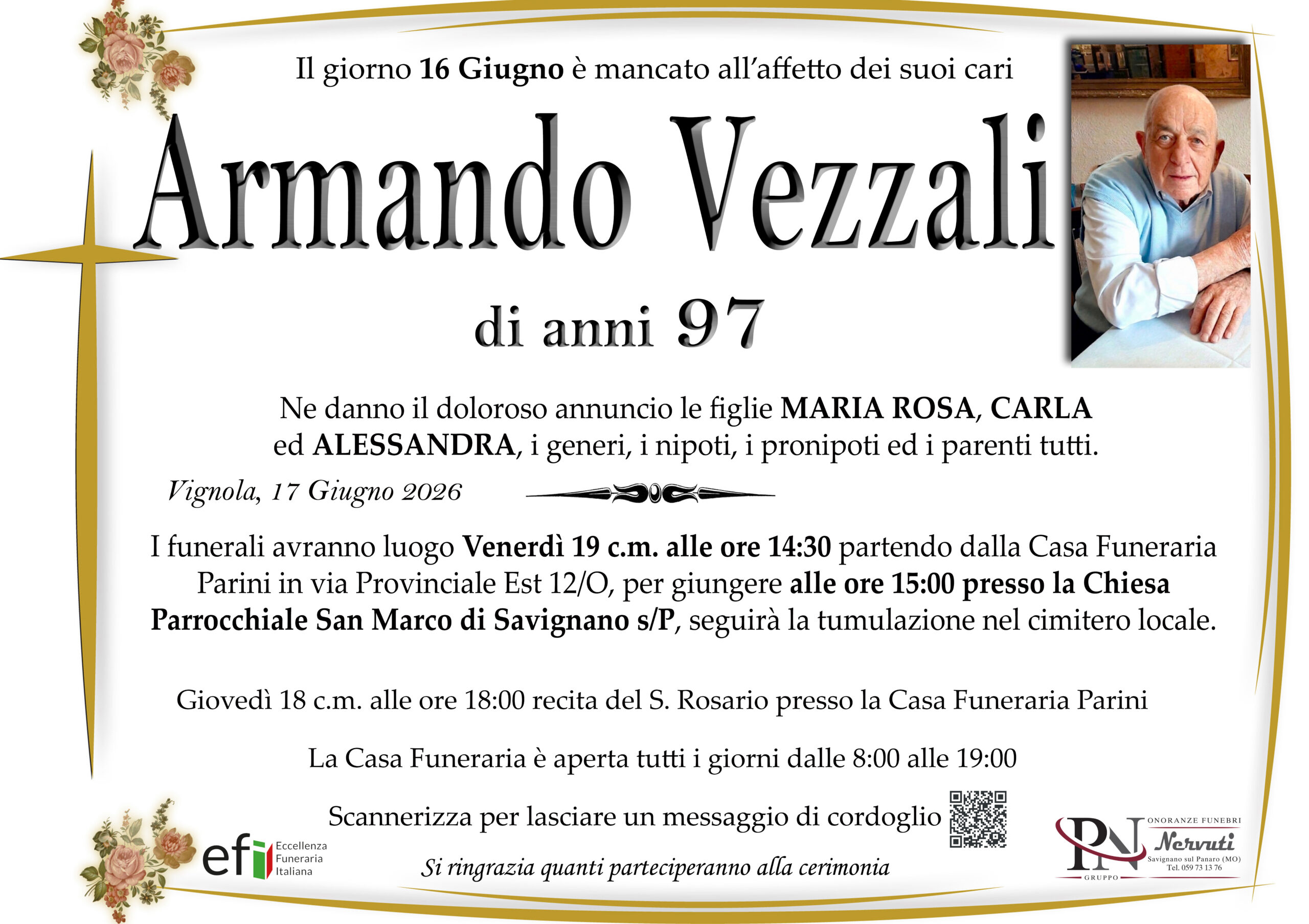 Armando Vezzali – necrologio