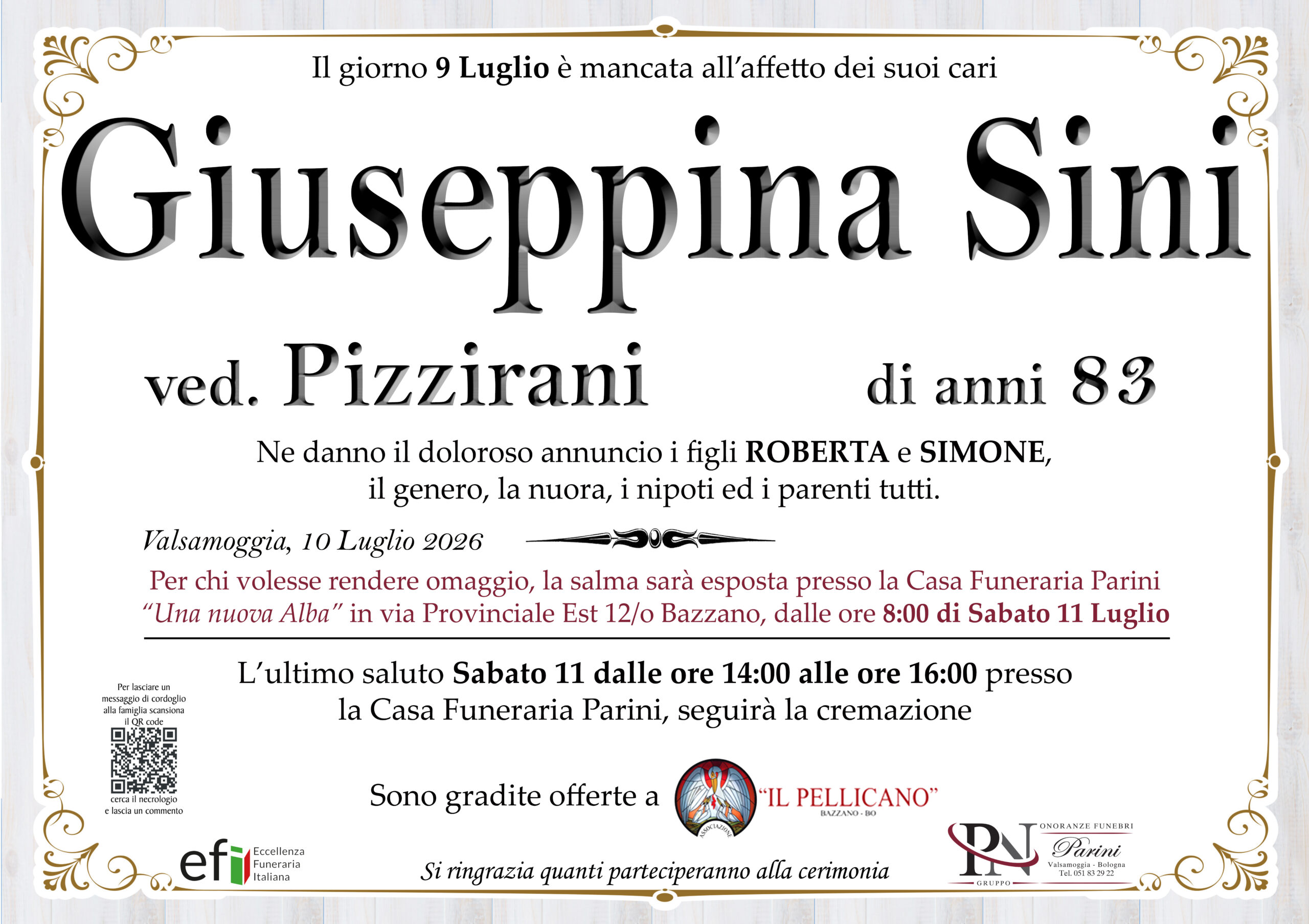 Giuseppina Sini – necrologio