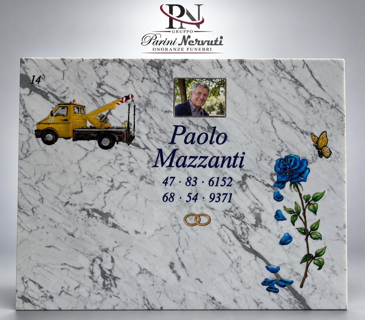 Lapide singola personalizzata in marmo con foto, incisioni e decorazioni, realizzazione 2 di 25