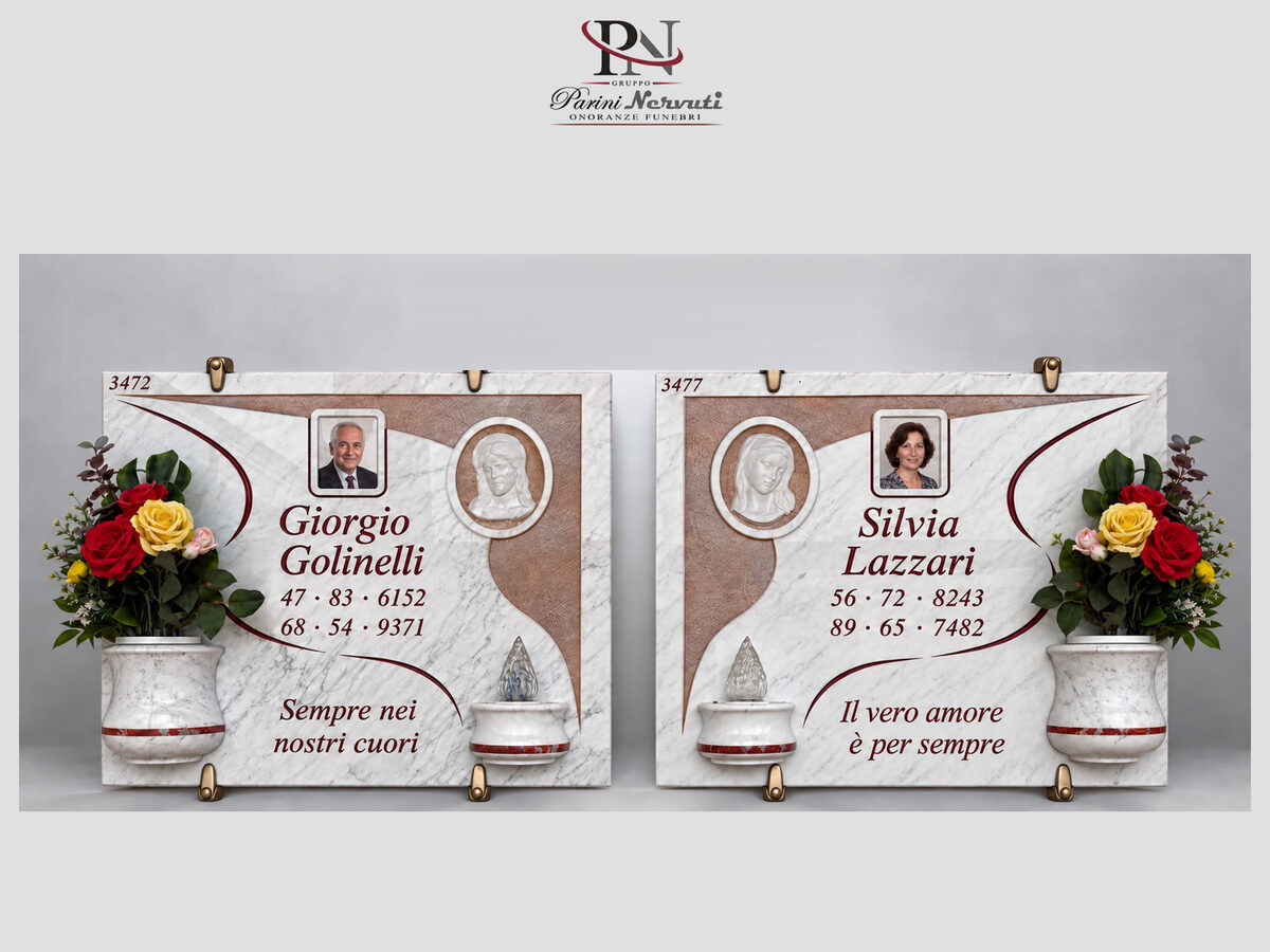 Lapide singola personalizzata in marmo con foto, incisioni e decorazioni, realizzazione 8 di 25