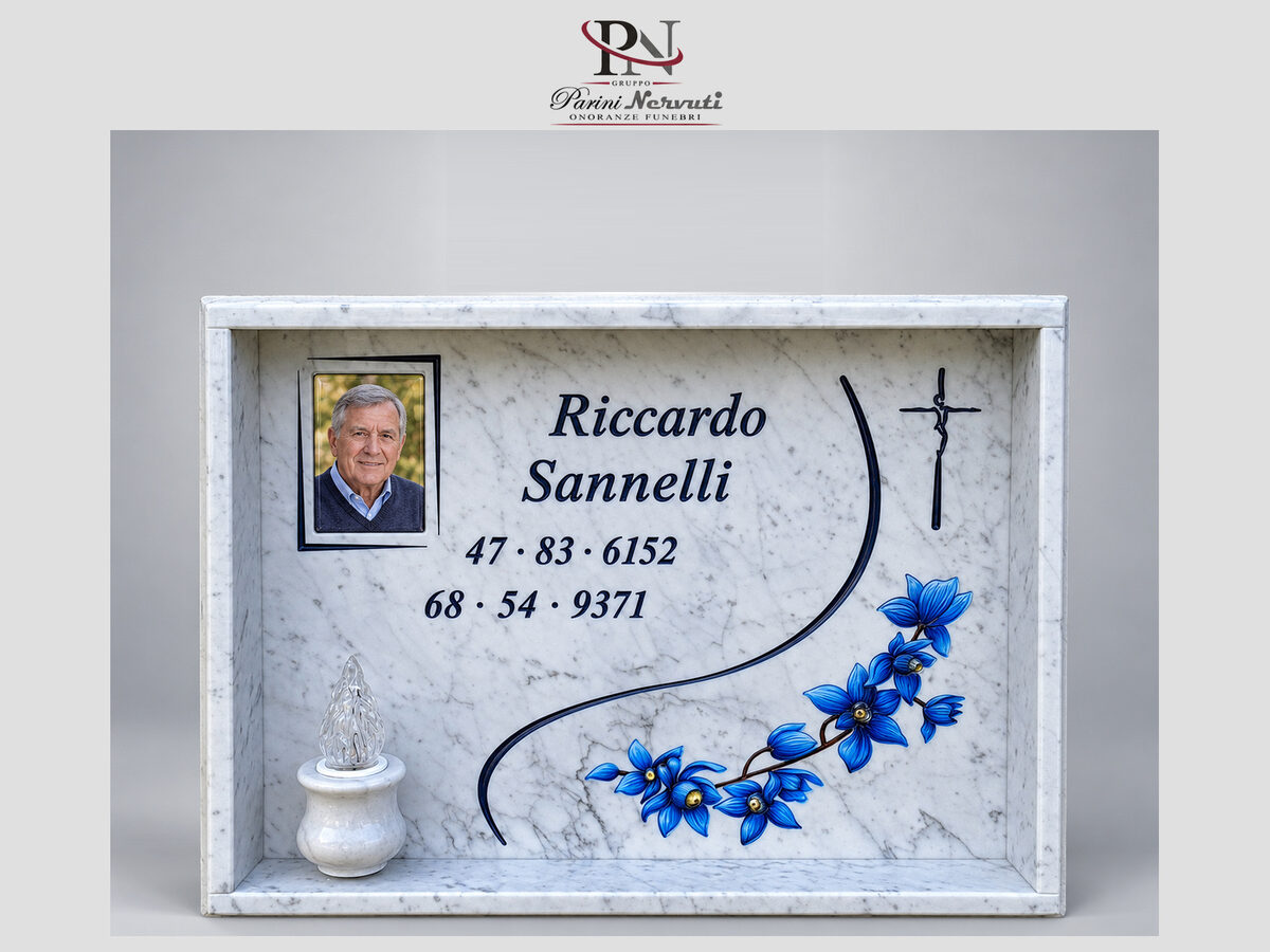 Lapide singola personalizzata in marmo con foto, incisioni e decorazioni, realizzazione 10 di 25