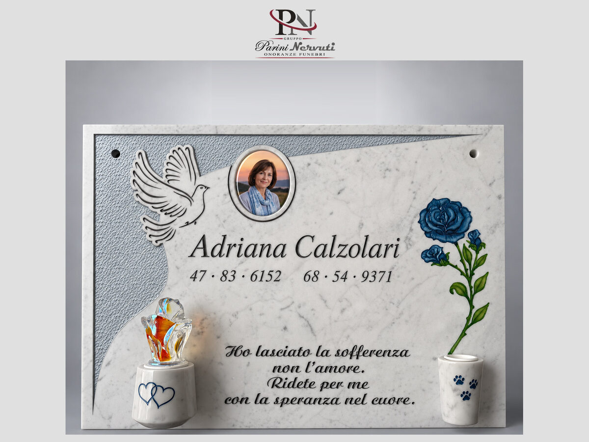 Lapide singola personalizzata in marmo con foto, incisioni e decorazioni, realizzazione 11 di 25