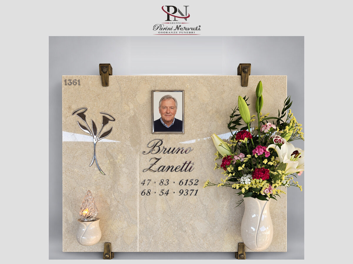 Lapide singola personalizzata in marmo con foto, incisioni e decorazioni, realizzazione 12 di 25
