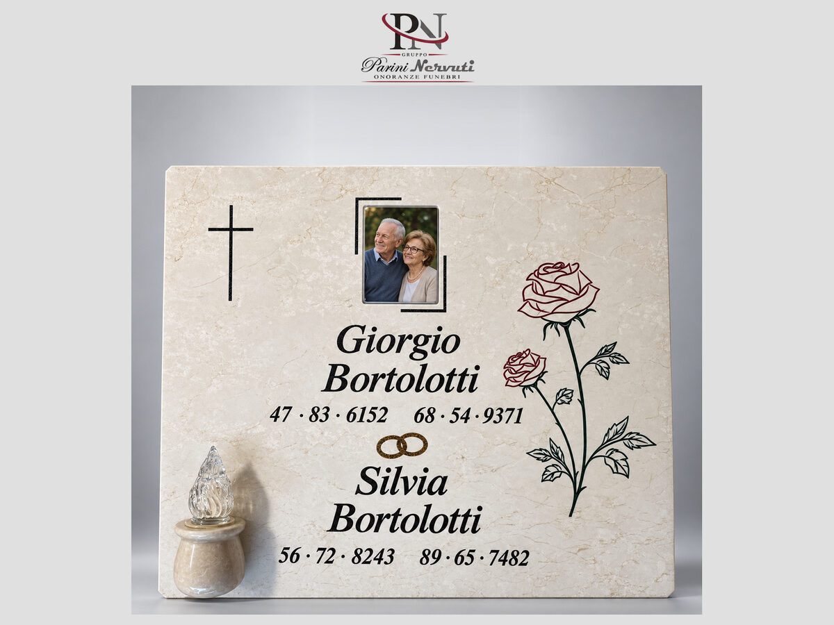 Lapide singola personalizzata in marmo con foto, incisioni e decorazioni, realizzazione 18 di 25
