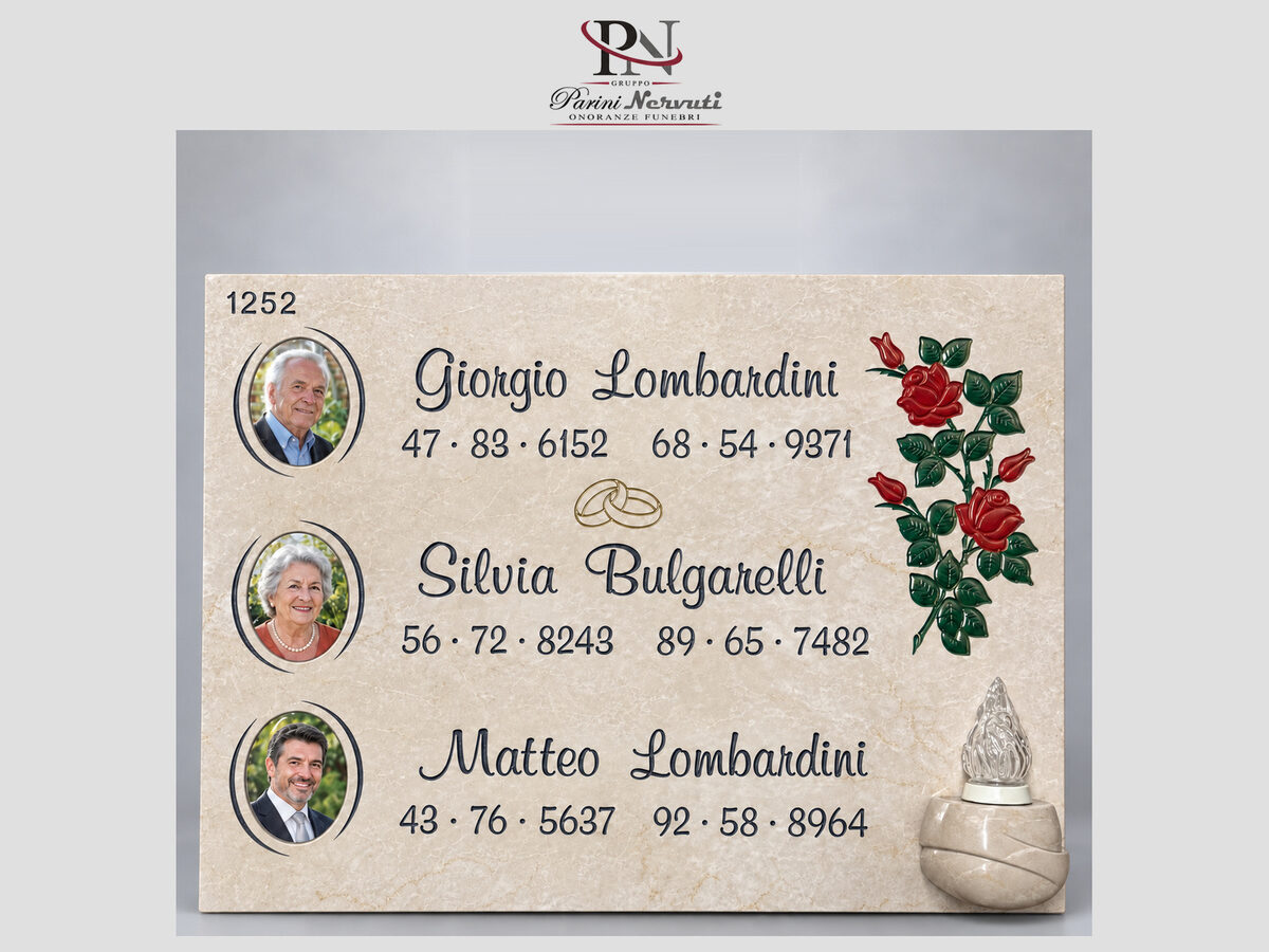 Lapide singola personalizzata in marmo con foto, incisioni e decorazioni, realizzazione 19 di 25