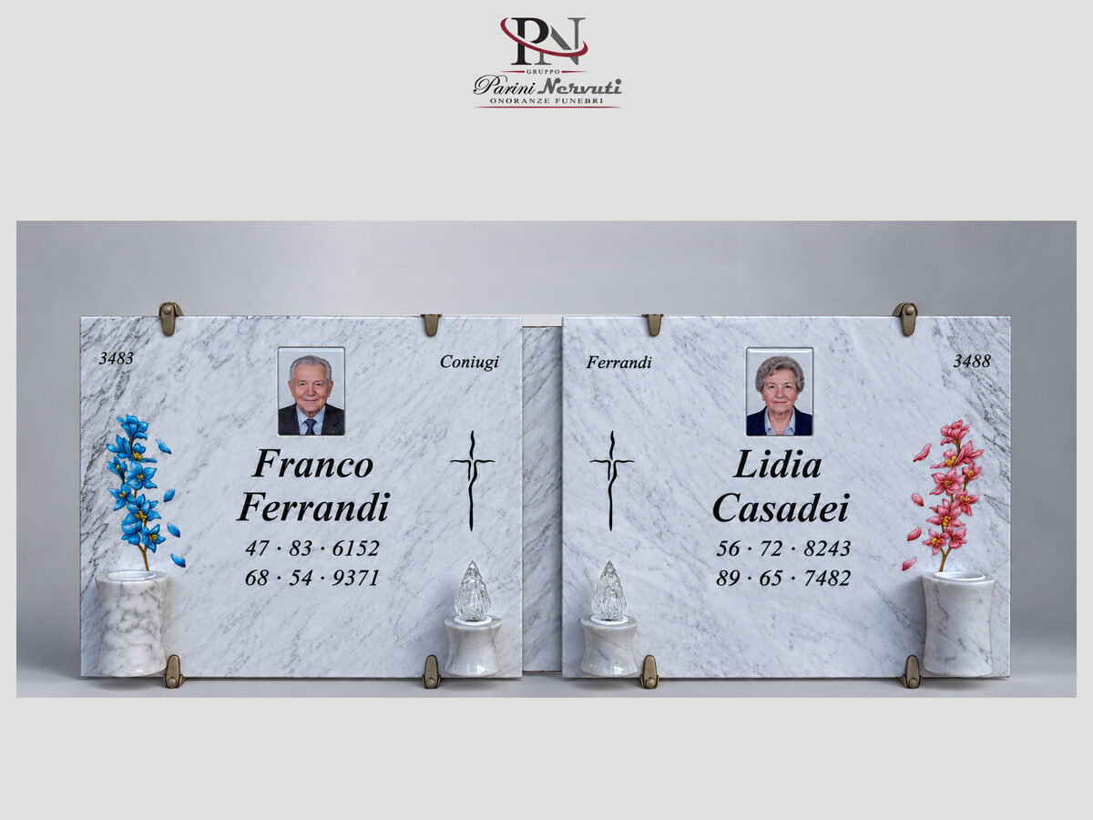 Lapide singola personalizzata in marmo con foto, incisioni e decorazioni, realizzazione 22 di 25